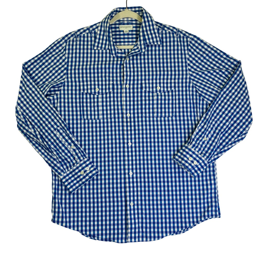 Banana Republic Mens Blue White Gingham Button Down Shirt L Large 16-16.5